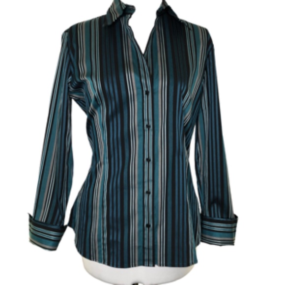 New York & Company Tops - NWOT New York & Company Striped Button Teal/Black Shirt Size L